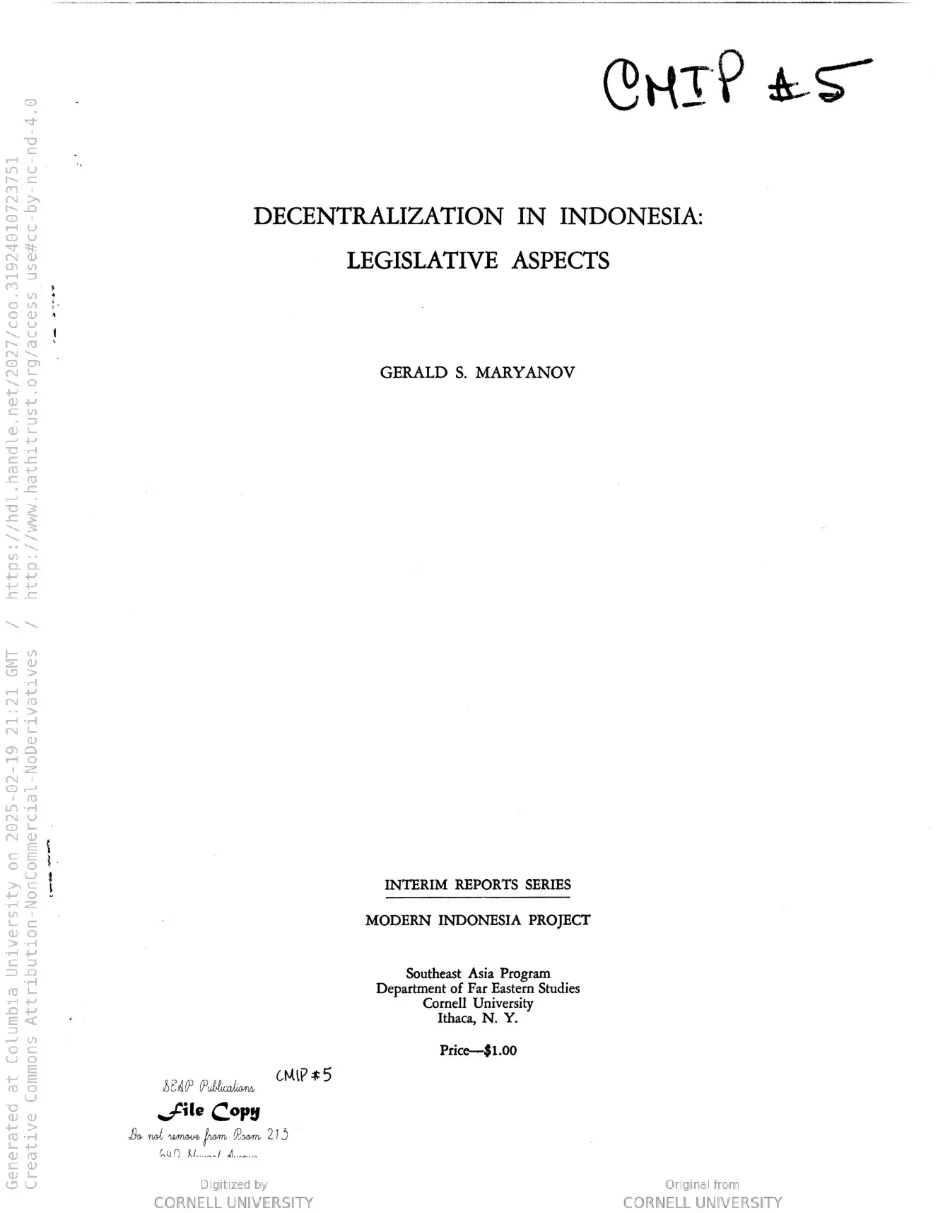 Decentralization in Indonesia: legislative aspects (Cornell Modern Indonesia Collection)