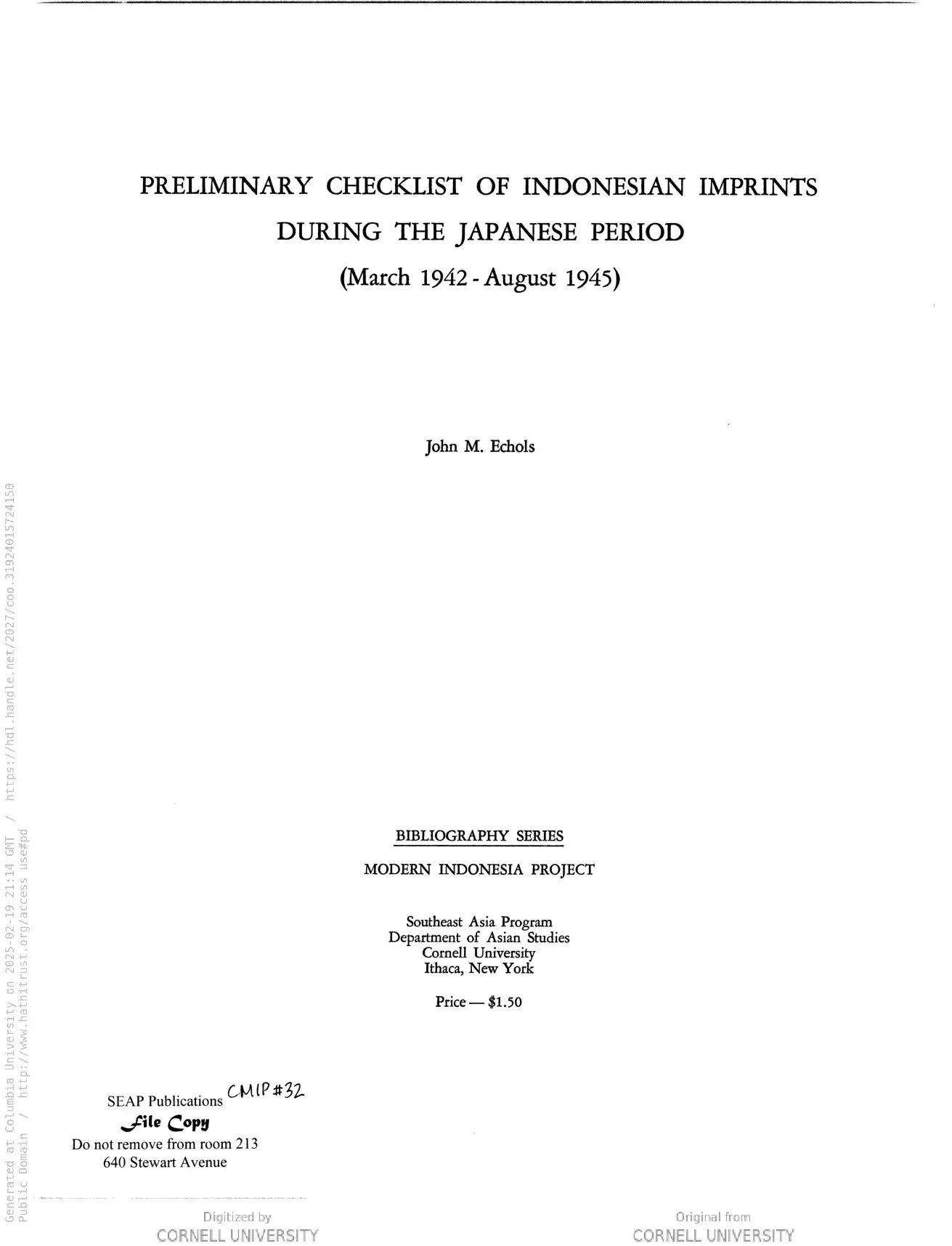 Preliminary checklist of Indonesian imprints during the Japanese period (March 1942-August 1945) with annotations (Cornell Modern Indonesia Collection)