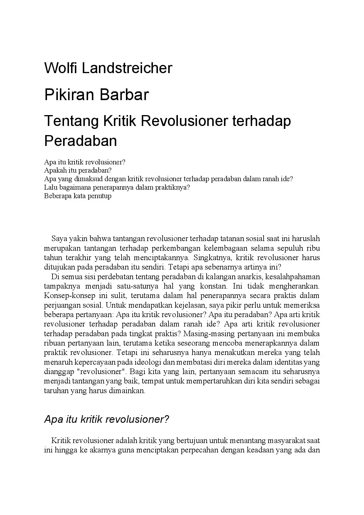 Pikiran Bar-bar: tentang Kritik Revolusioner terhadap Peradaban