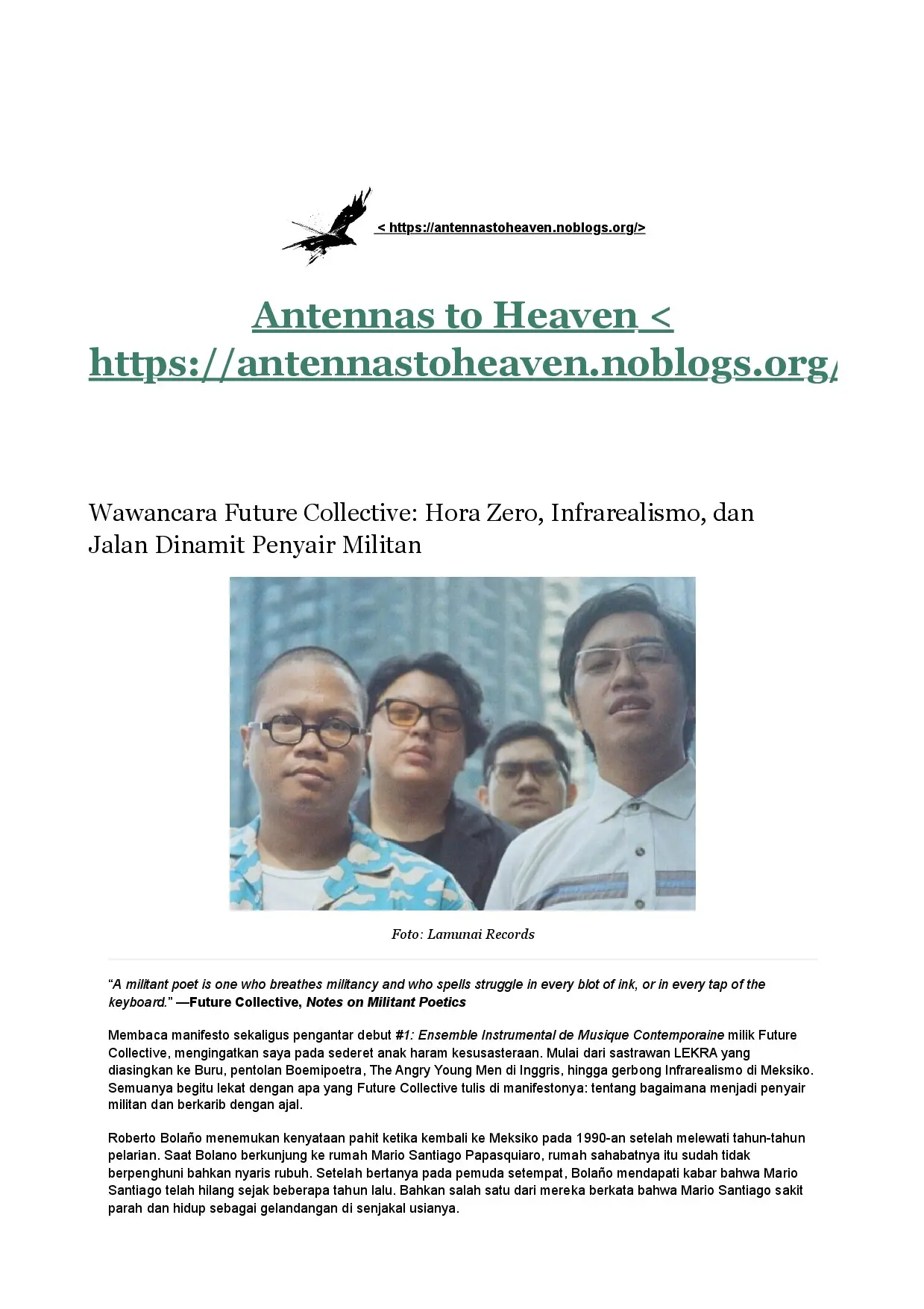 Wawancara Future Collective: Hora Zero, Infrarealismo, dan Jalan Dinamit Penyair Militan