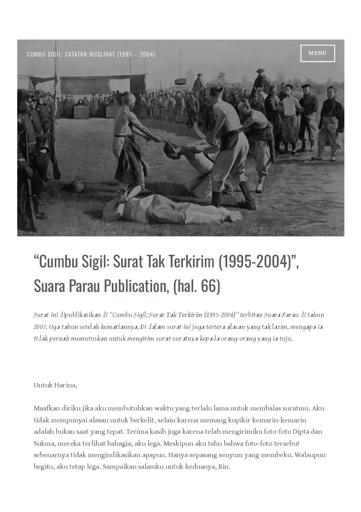 “Cumbu Sigil: Surat Tak Terkirim (1995 2004)”, Suara Parau Publication, (hal. 66)