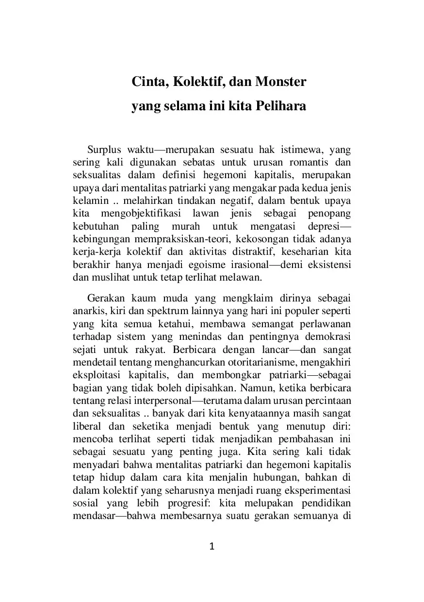 Cinta, Kolektif, dan Monster: yang selama ini kita Pelihara