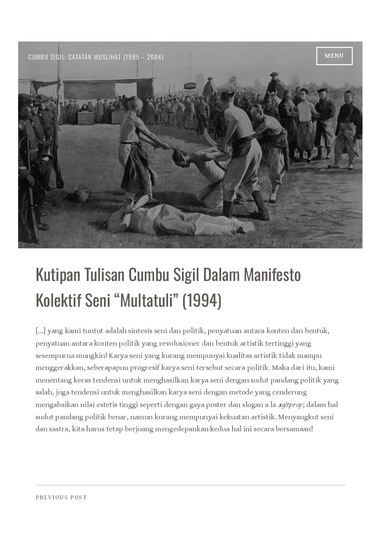Kutipan Tulisan Cumbu Sigil dalam Manifesto Kolektif Seni “ Multatuli” (1994)