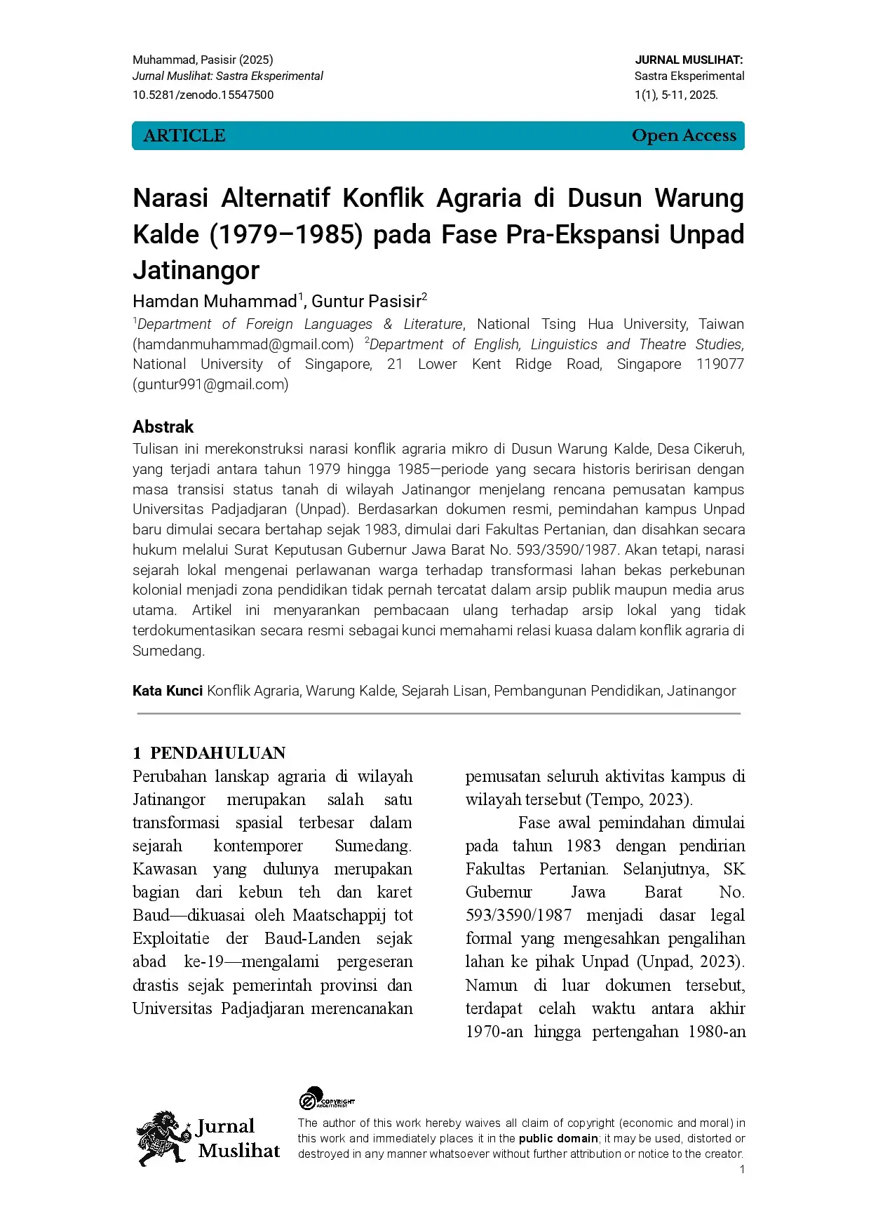 Narasi Alternatif Konflik Agraria di Dusun Warung Kalde ( 1979– 1985) Pada Fase Pra Ekspansi Unpad Jatinangor