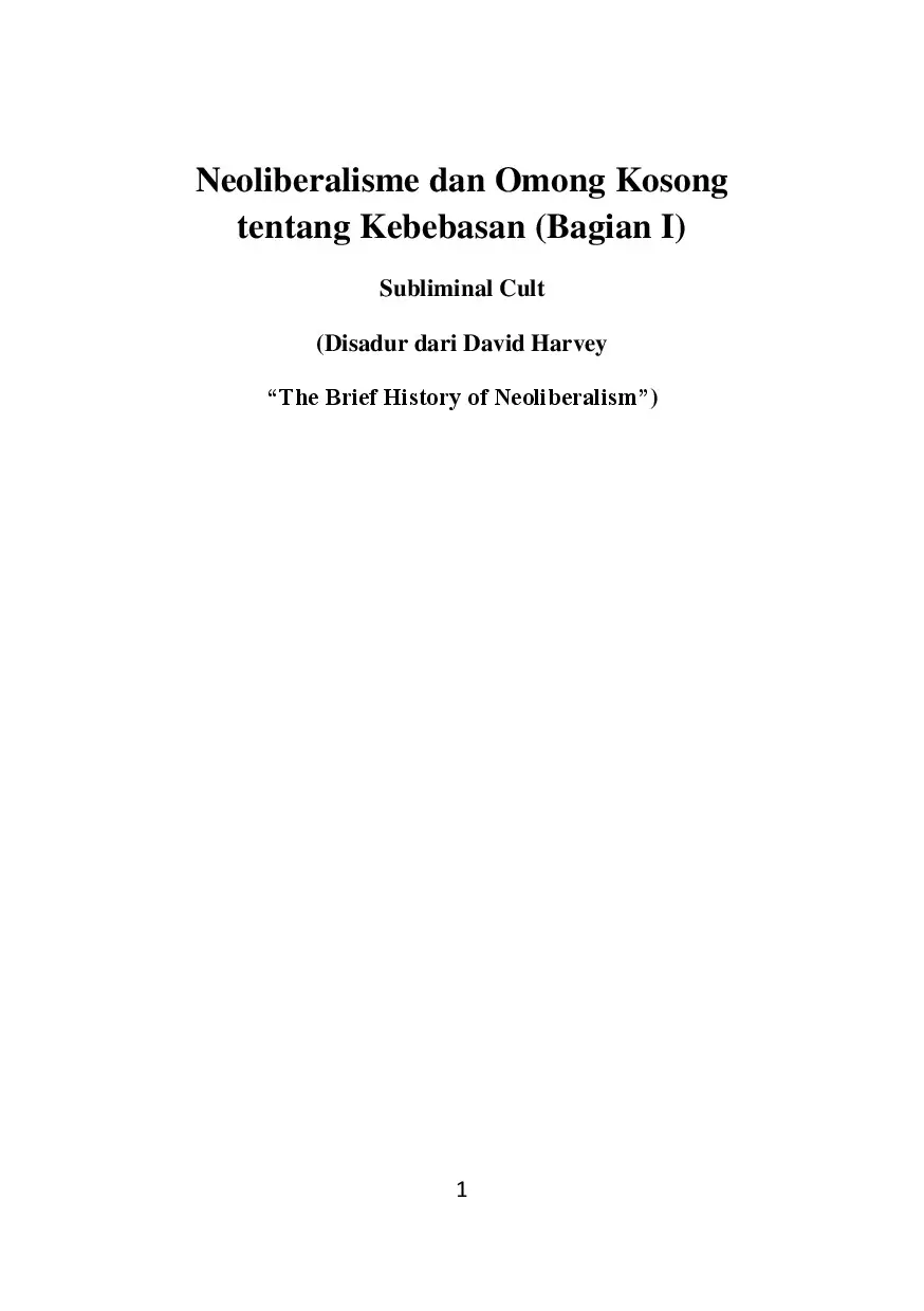 Neoliberalisme Dan Omong Kosong Tentang Kebebasan (Bag.1)