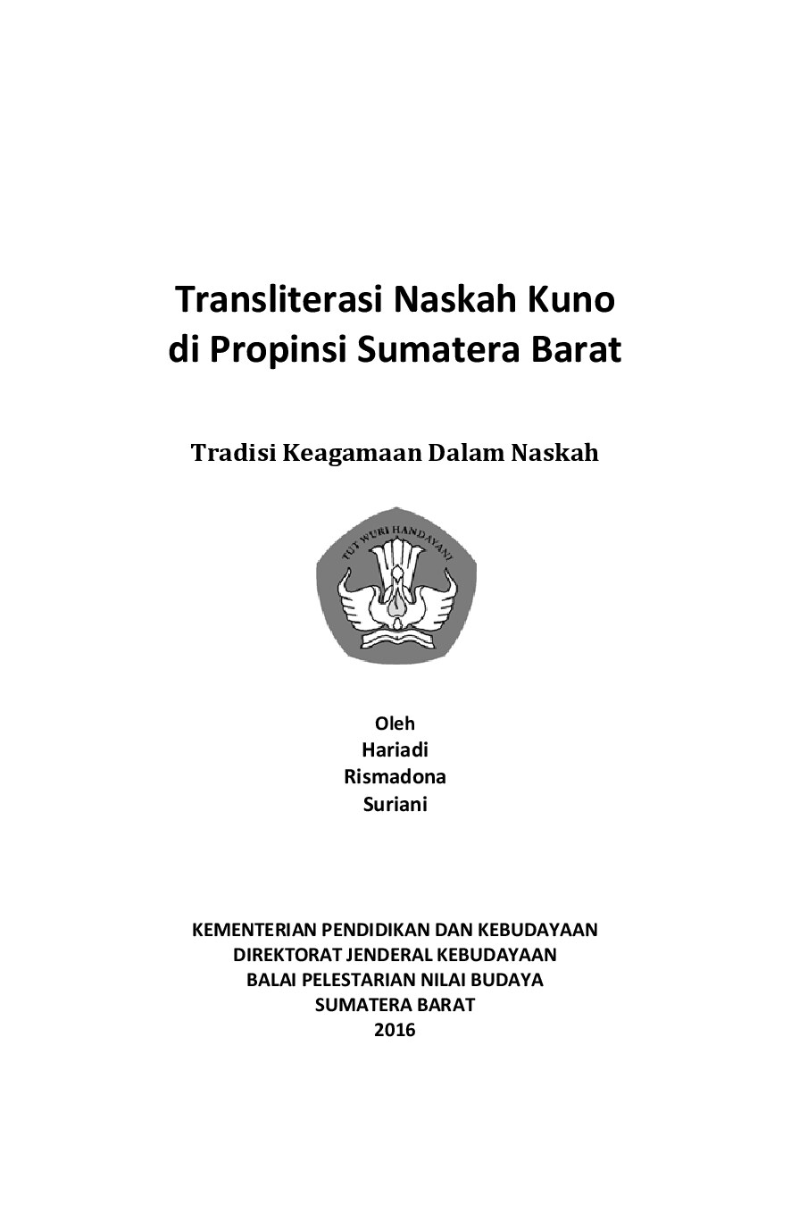 Transliterasi naskah kuno di Provinsi Sumatera Barat : tradisi keagamaan dalam naskah
