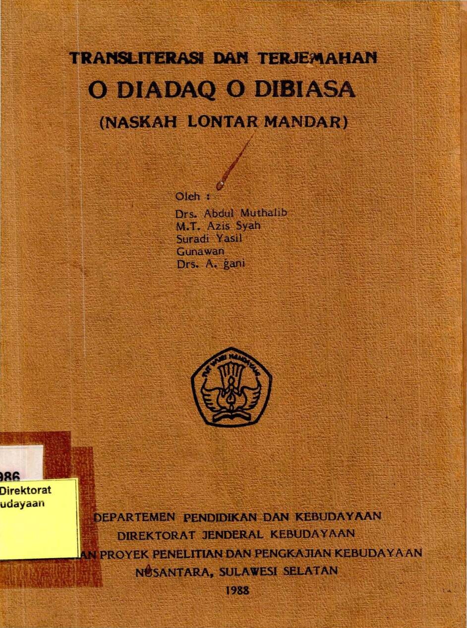 Transliterasi dan terjemahan o diadaq o dibiasa (naskah lontar mandar)