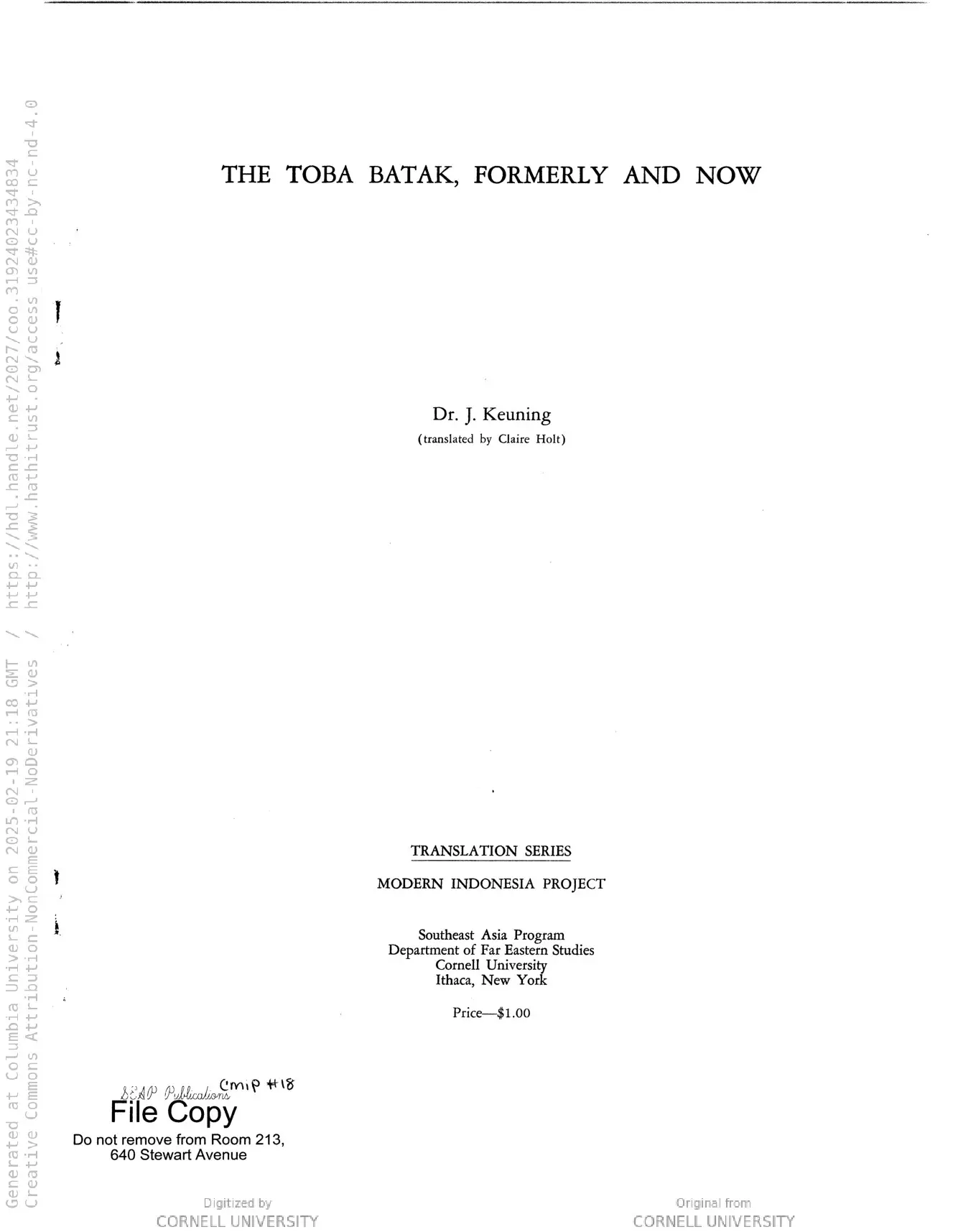 The Toba Batak, formerly and now (Cornell Modern Indonesia Collection)