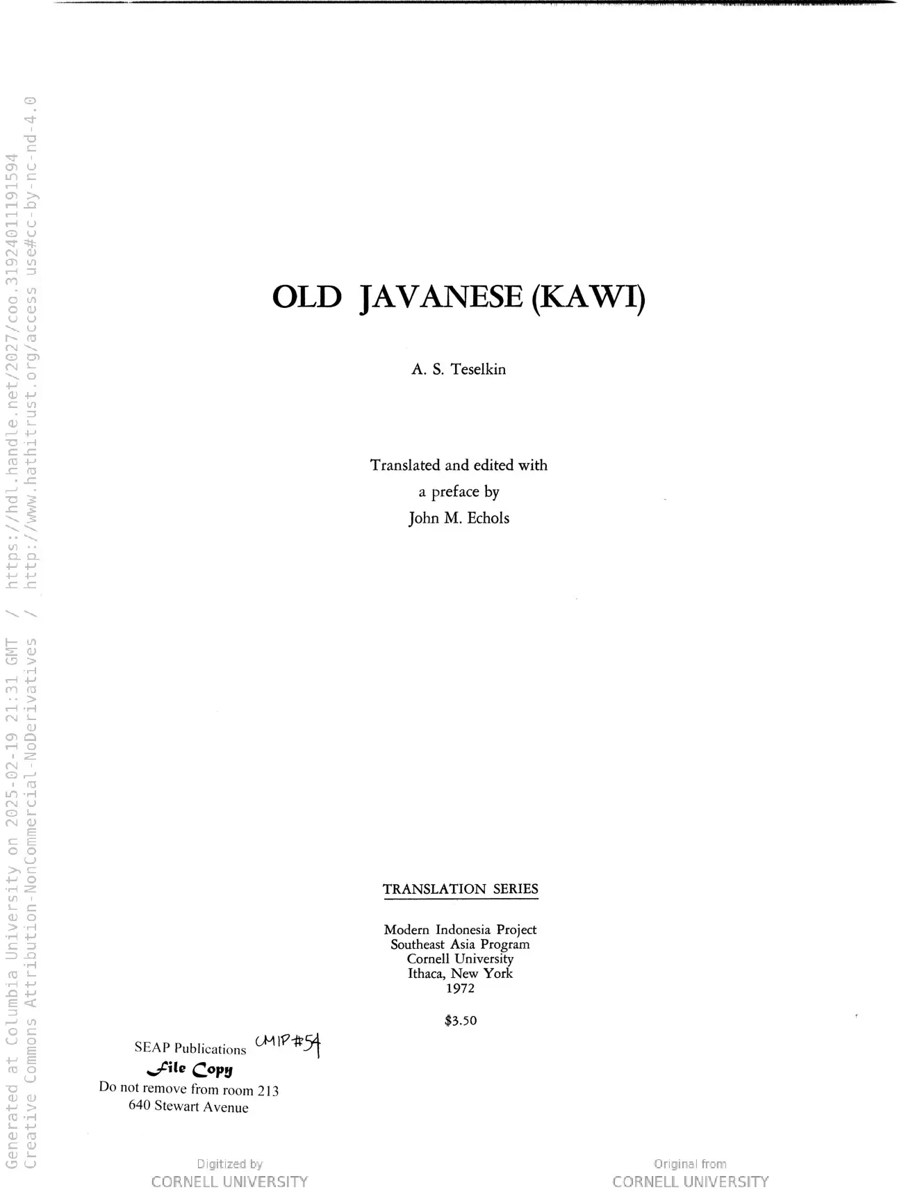 Old Javanese (Kawi) / by A.S. Teselkin ; translated and edited with a preface (Cornell Modern Indonesia Collection)