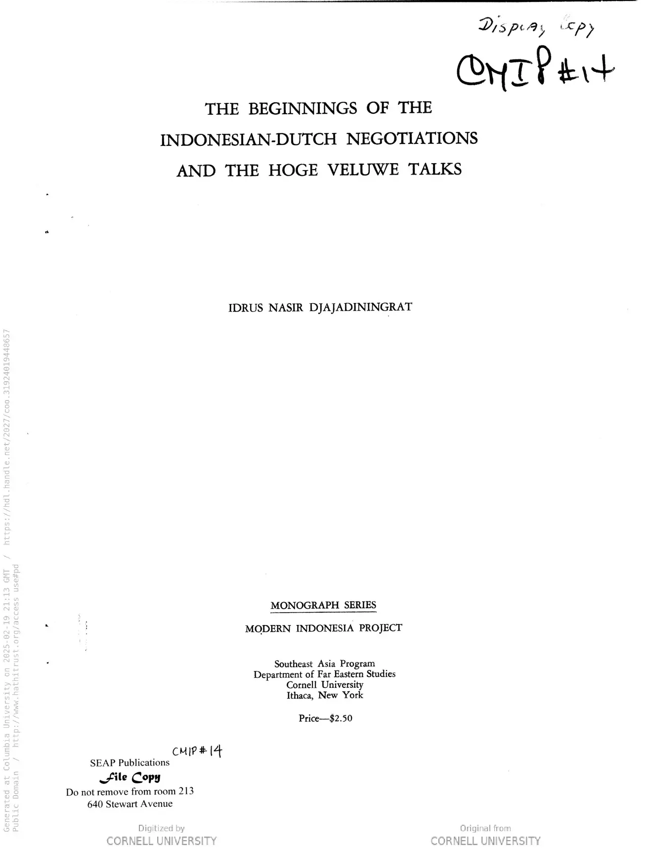 The beginnings of the Indonesian-Dutch negotiations and the Hoge Veluwe talks (Cornell Modern Indonesia Collection)