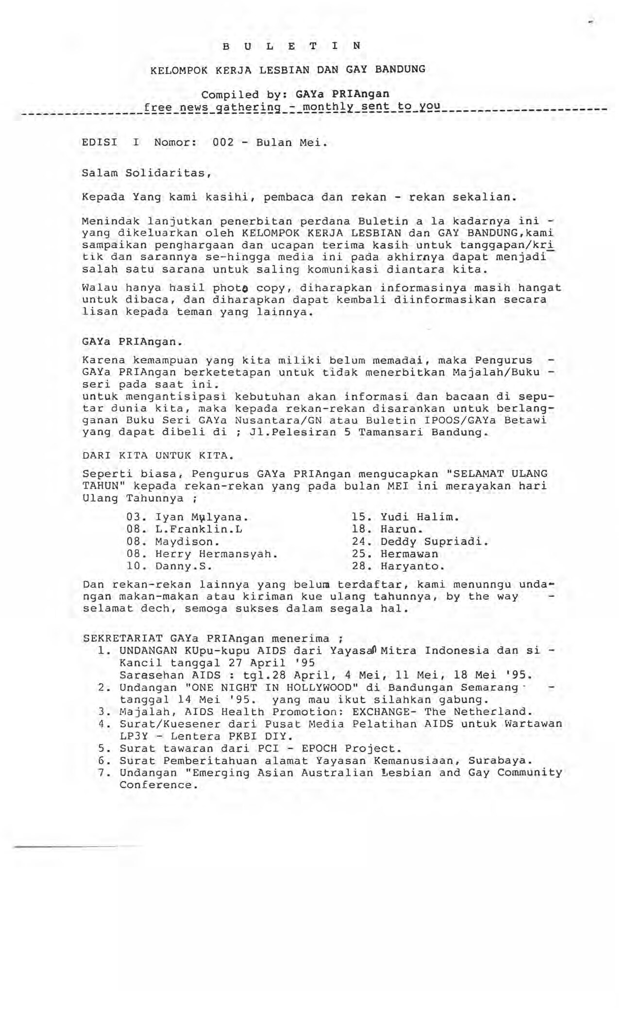 Buletin Kelompok Kerla Lesbian dan Gay Bandung #2