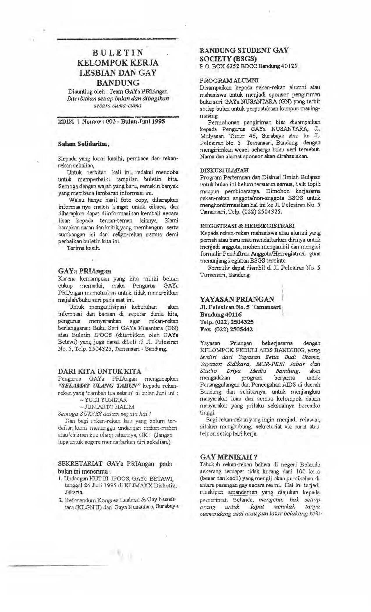 Buletin Kelompok Kerla Lesbian dan Gay Bandung #3