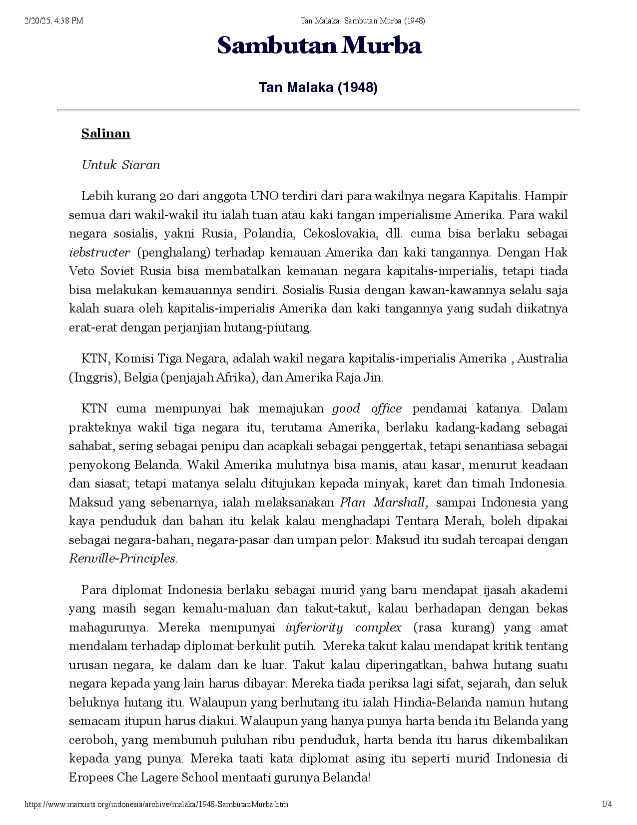 Tan Malaka: Sambutan Murba (1948)