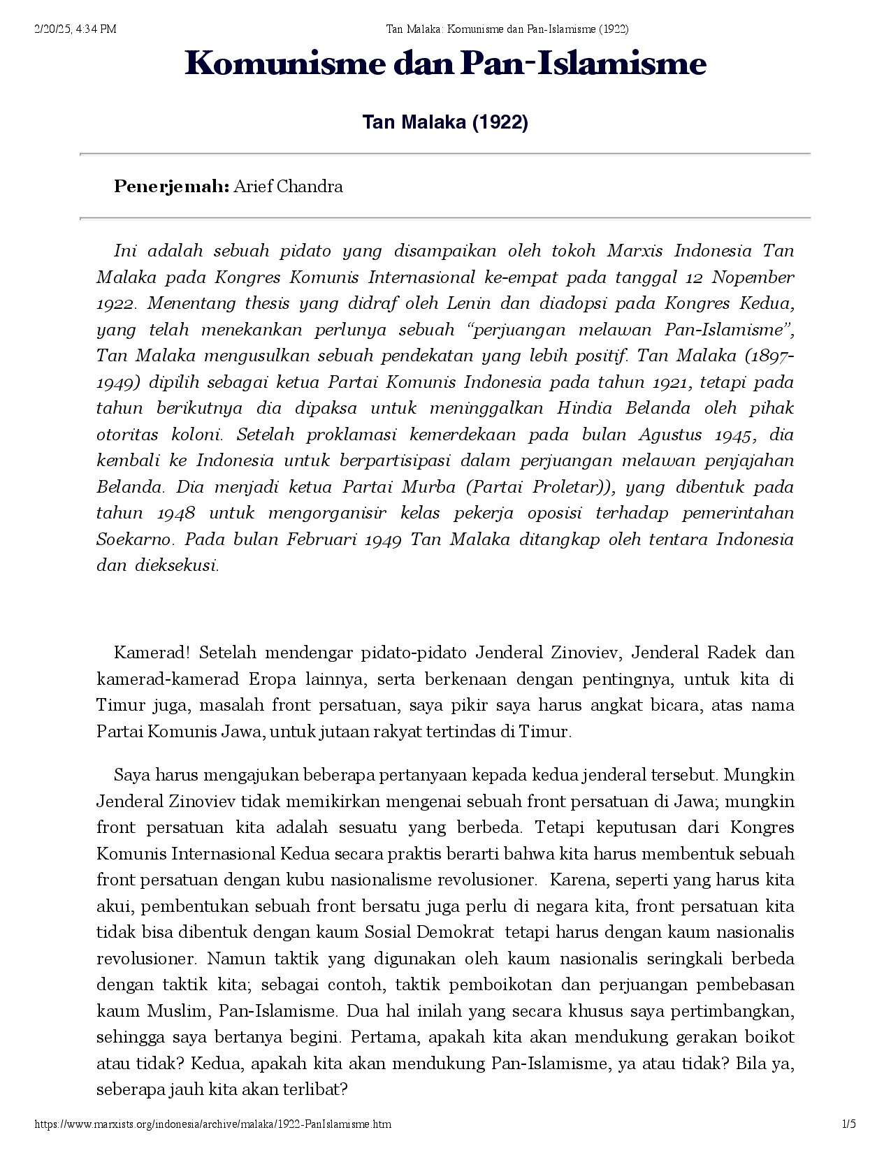 Tan Malaka: Komunisme dan Pan-Islamisme (1922)