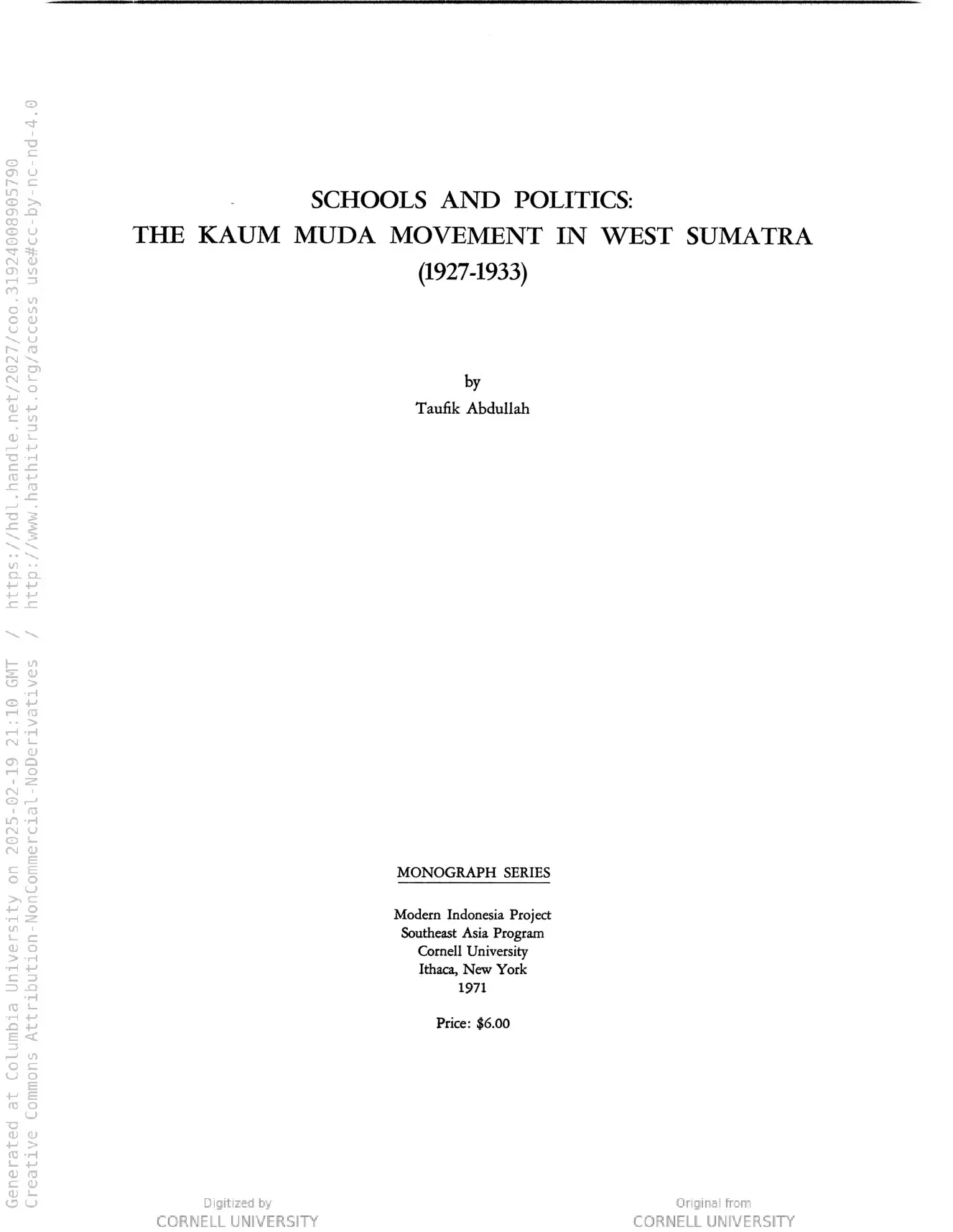 Schools and politics: the Kaum Muda movement in West Sumatra (1927-1933) (Cornell Modern Indonesia Collection)