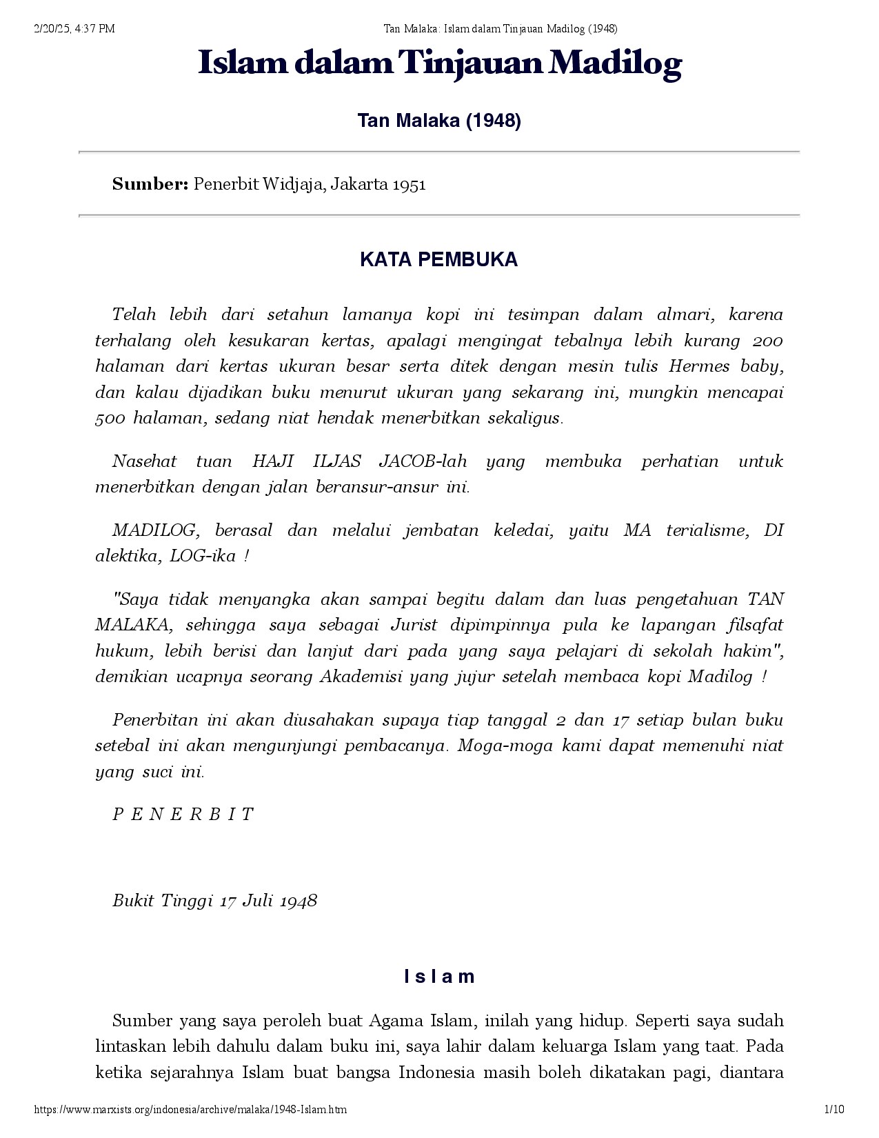 Tan Malaka: Islam dalam Tinjauan Madilog (1948)