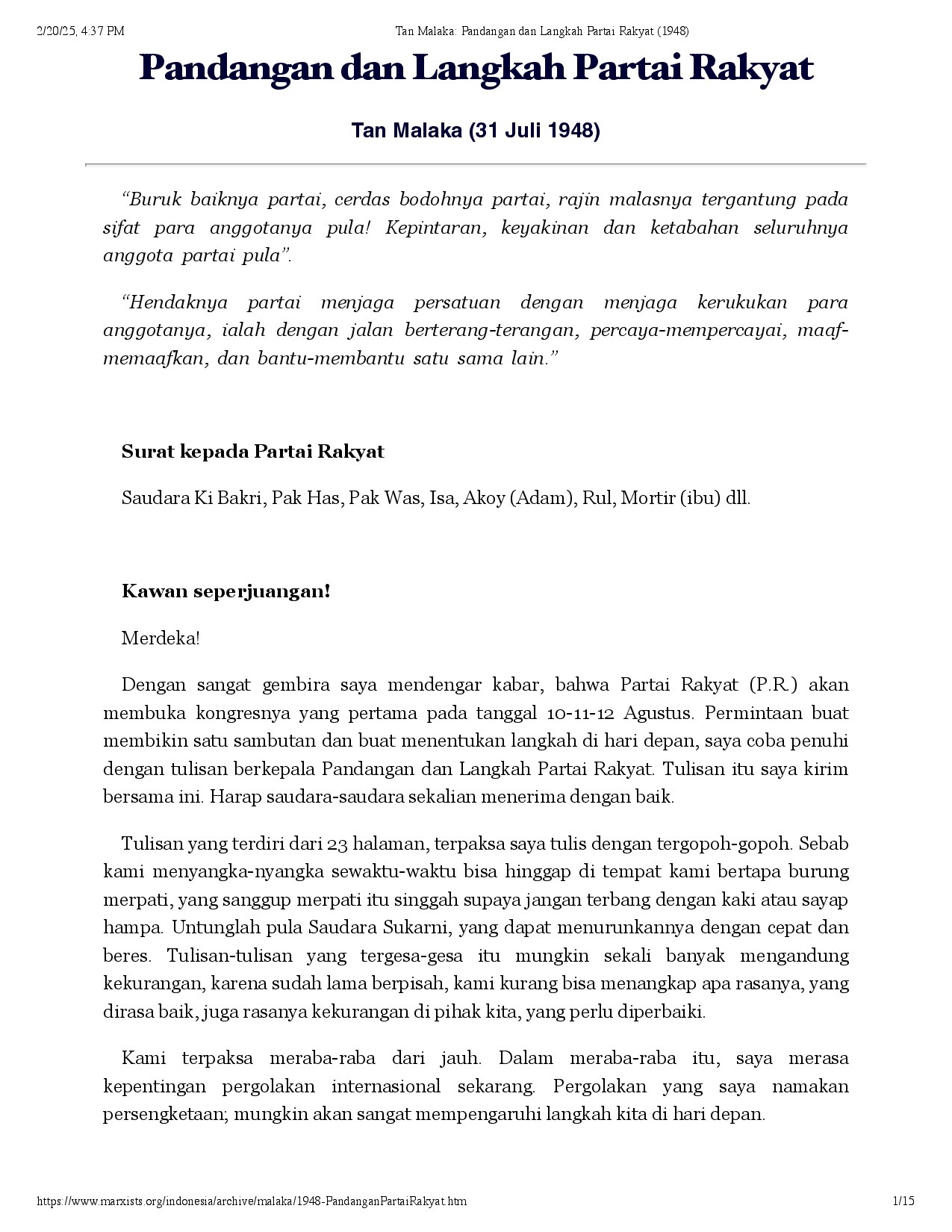 Tan Malaka: Pandangan dan Langkah Partai Rakyat (1948)