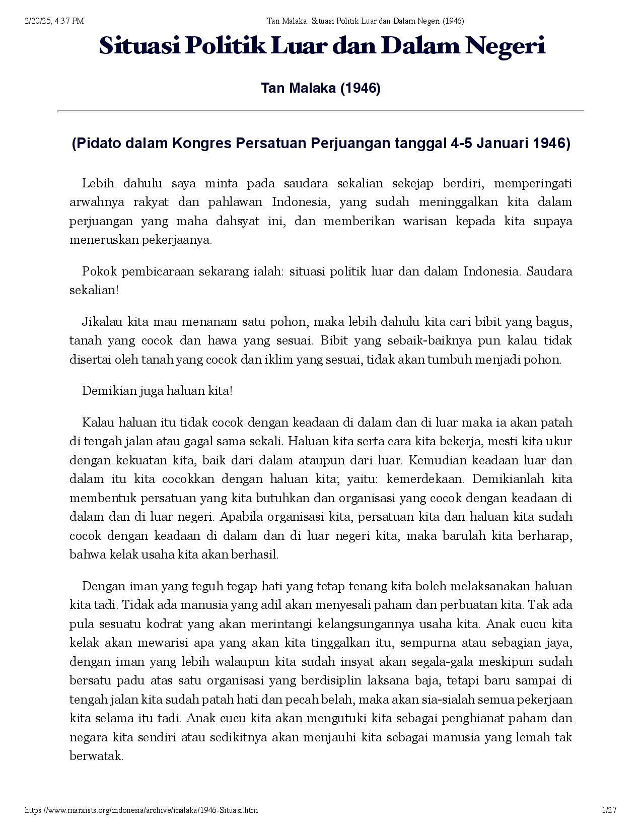 Tan Malaka: Situasi Politik Luar dan Dalam Negeri (1946)