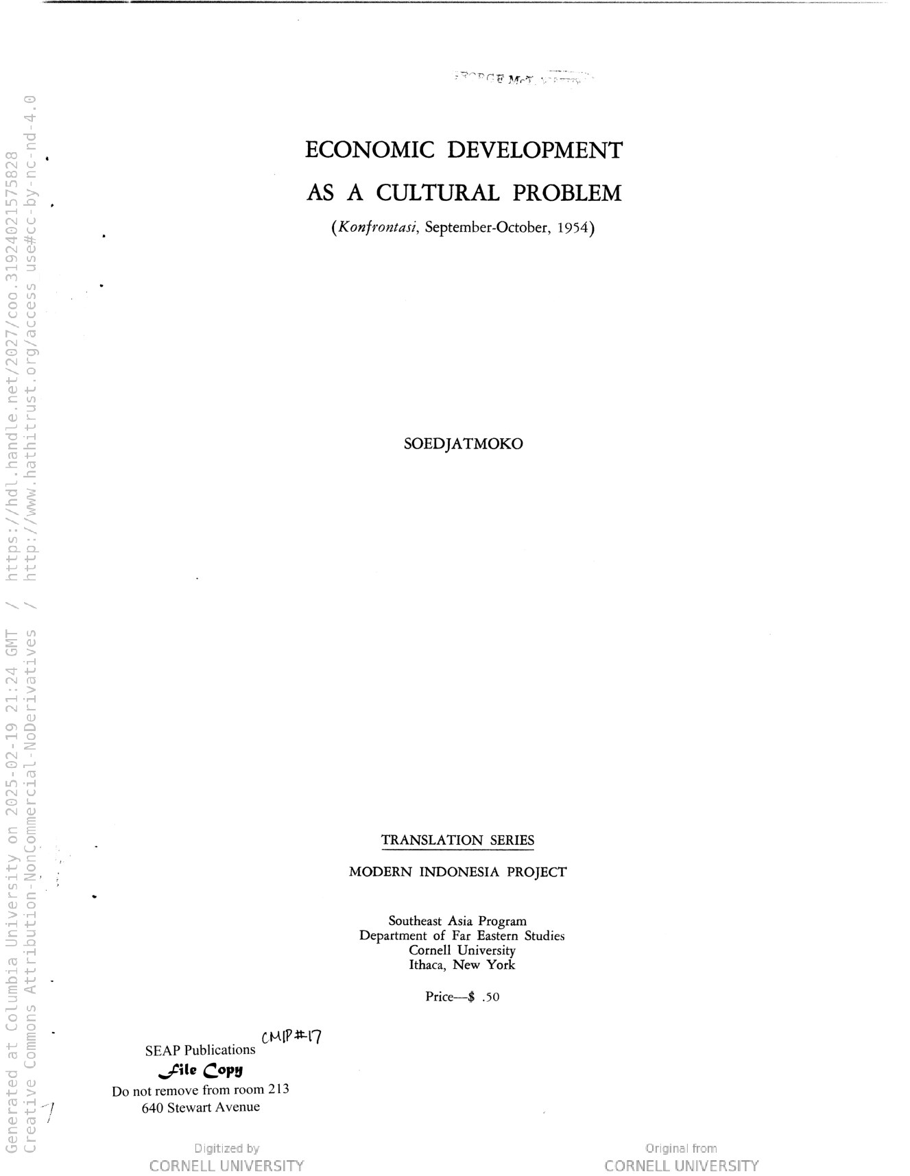 Economic development as a cultural problem [by] Soedjatmoko
