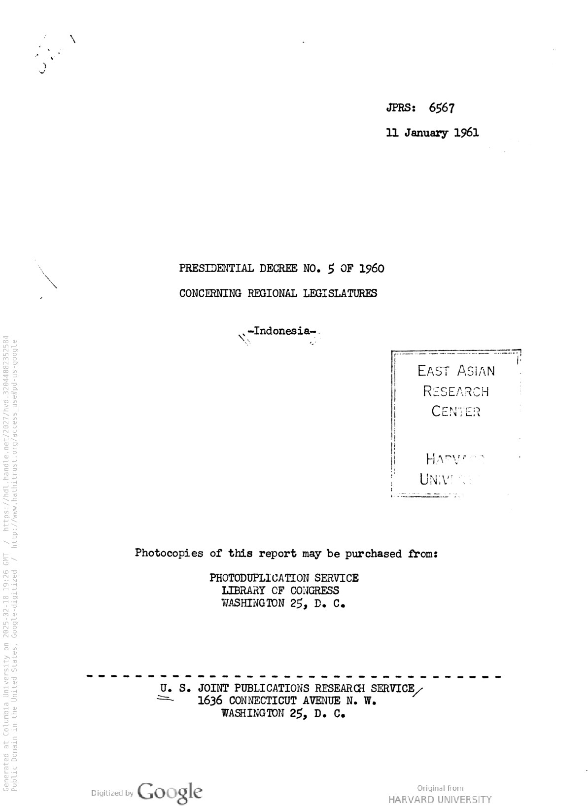 Presidential decree no. 5 of 1960 concerning regional legislatures