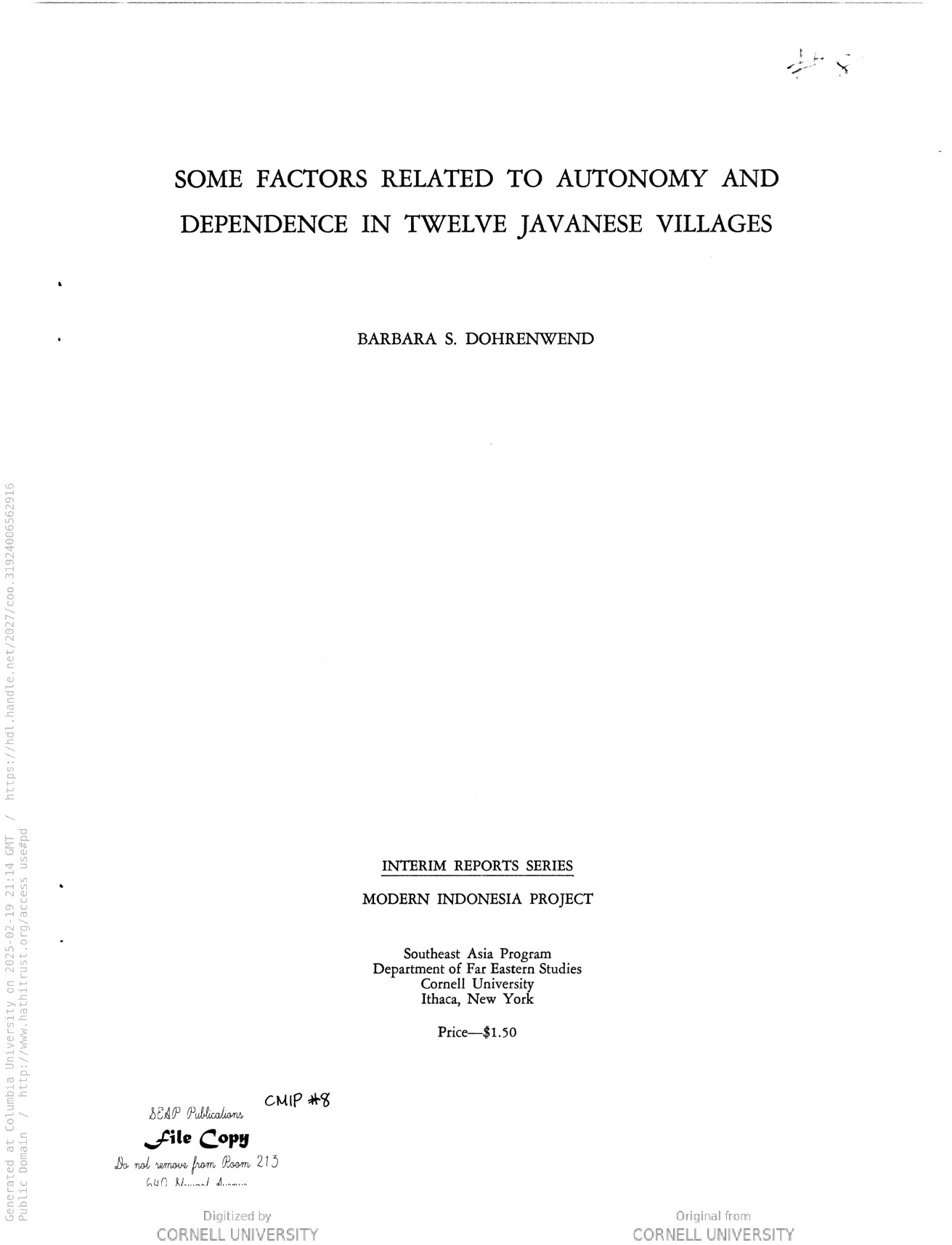 Some factors related to autonomy and dependence in twelve Javanese villages