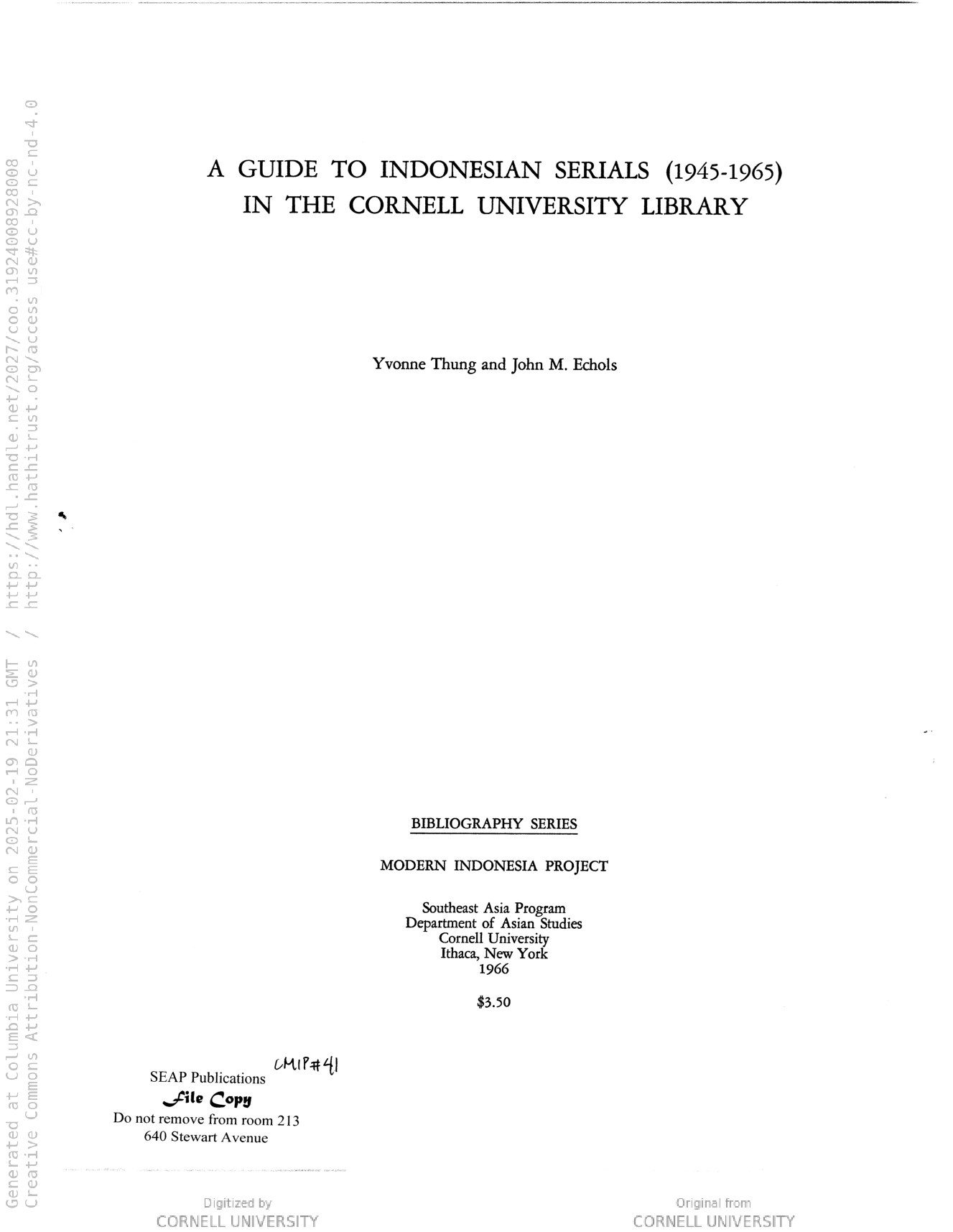 A guide to Indonesian serials, 1945-1965, in the Cornell University Library / by Yvonne Thung and John M. Echols