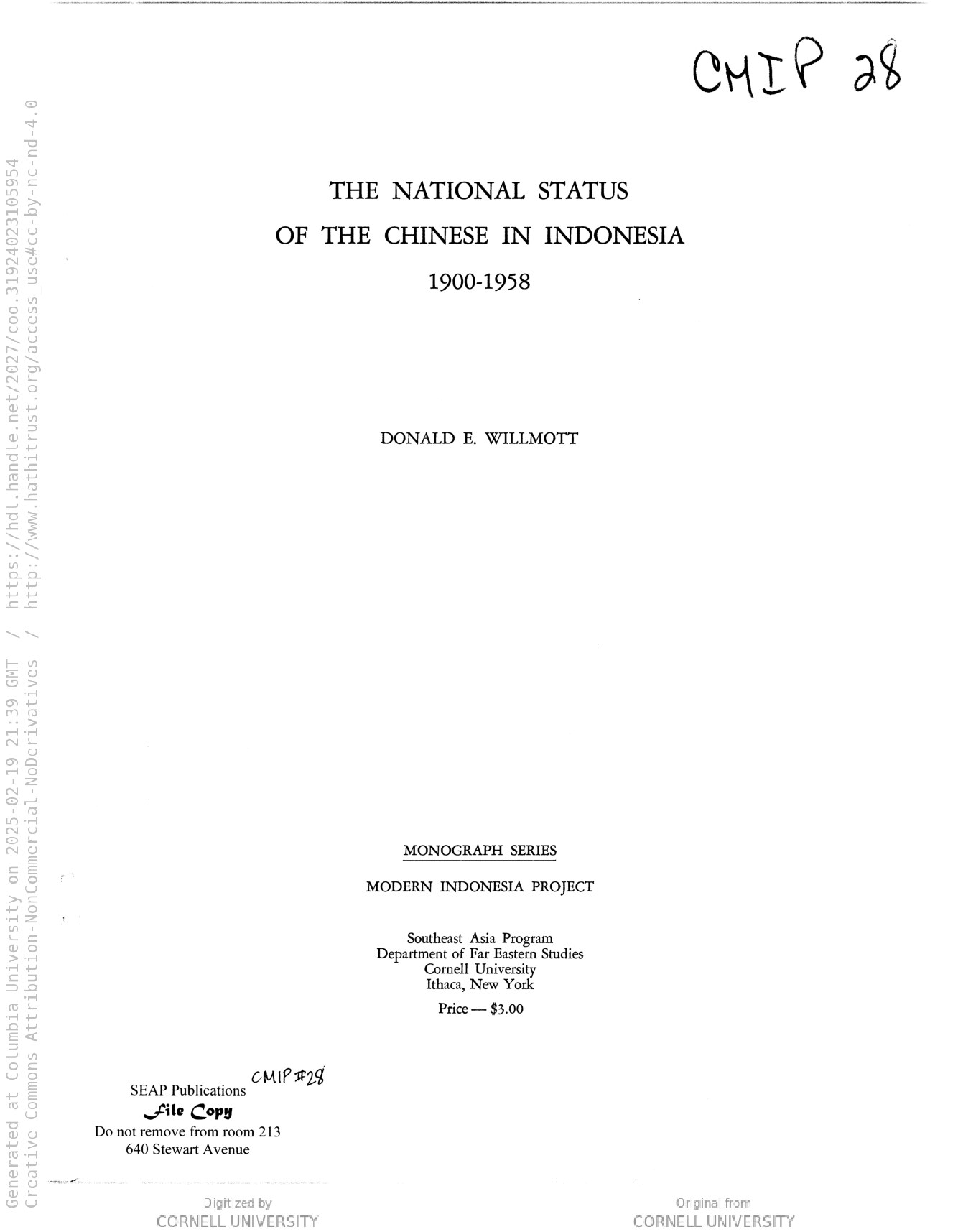 The national status of the Chinese in Indonesia, 1900-1958