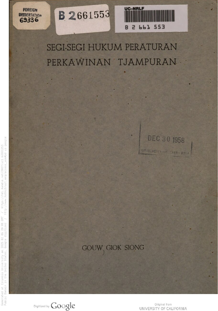 Segi-segi hukum peraturan perkawinan tjampuran