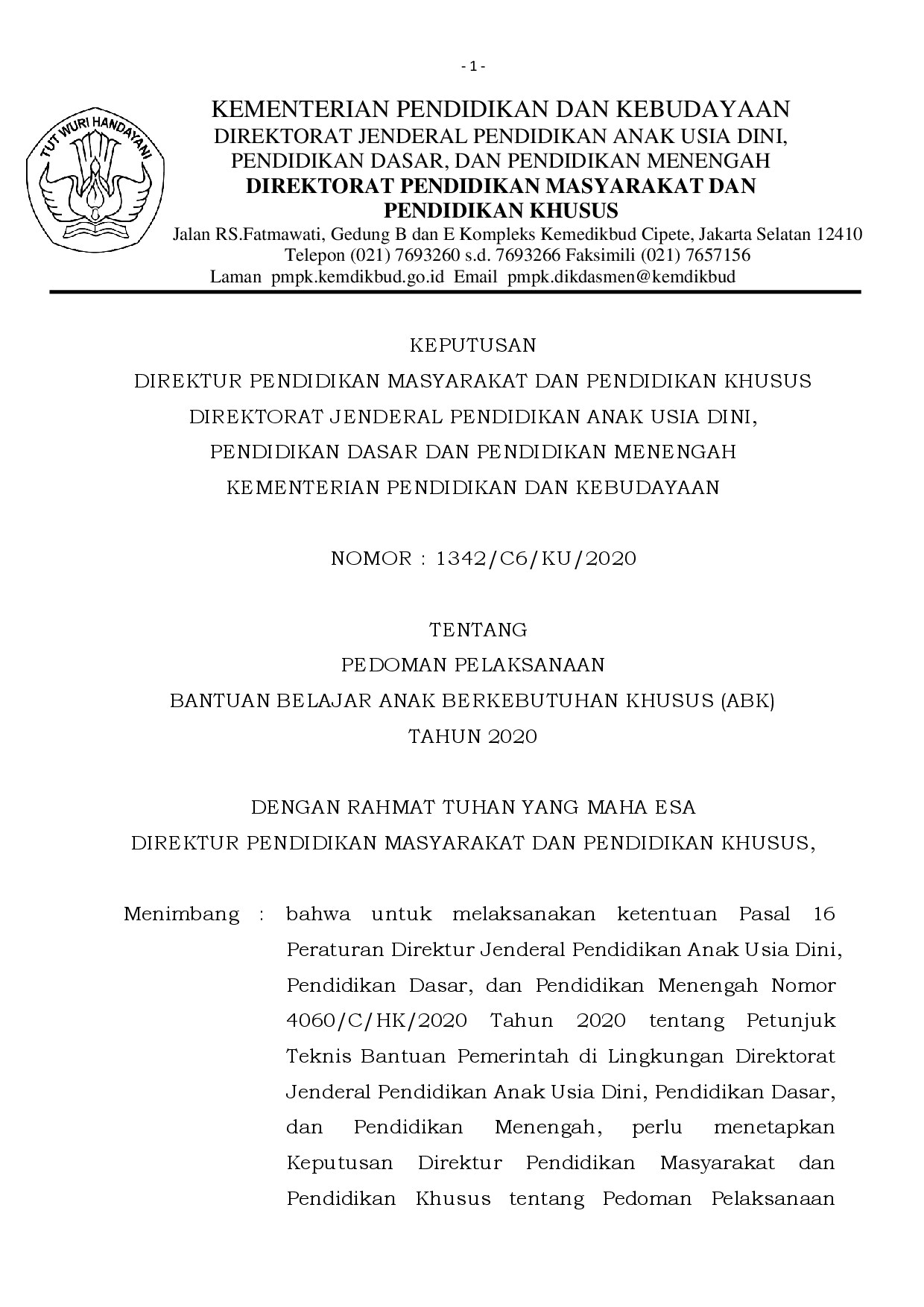 Pedoman Pelaksanaan Banbel ABK 2020