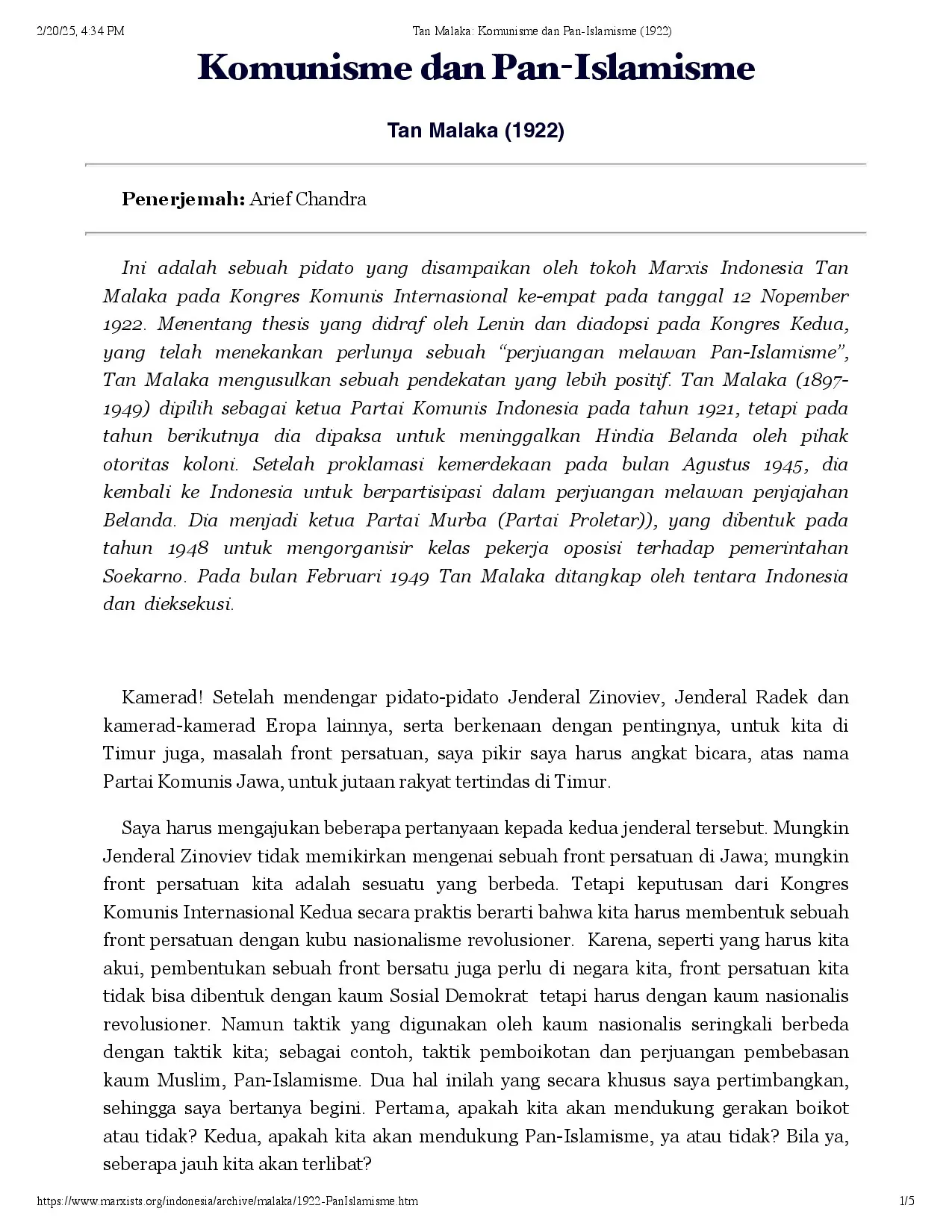Tan Malaka: Komunisme dan Pan-Islamisme (1922)