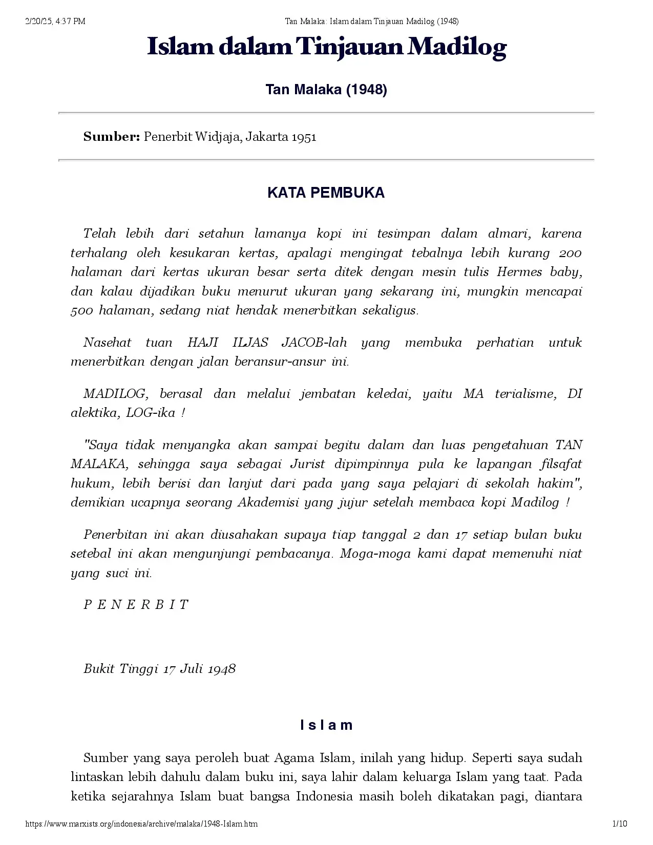 Tan Malaka: Islam dalam Tinjauan Madilog (1948)
