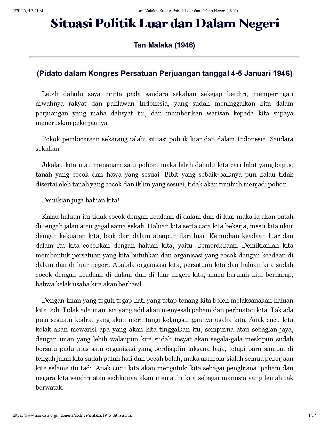 Tan Malaka: Situasi Politik Luar dan Dalam Negeri (1946)